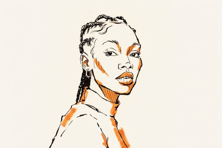 Hand-drawn orange and black ink portrait of K. Adeyemi