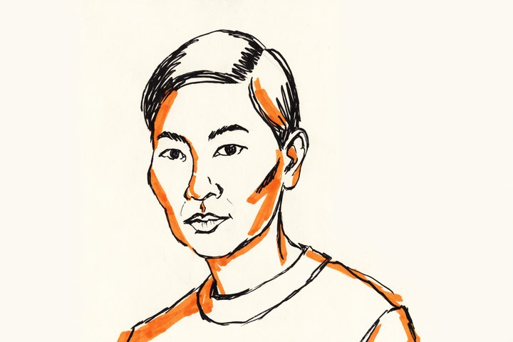 Hand-drawn orange and black ink portrait of M. Chen