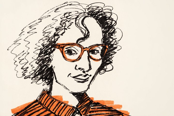 Hand-drawn orange and black ink portrait of E. Dubois