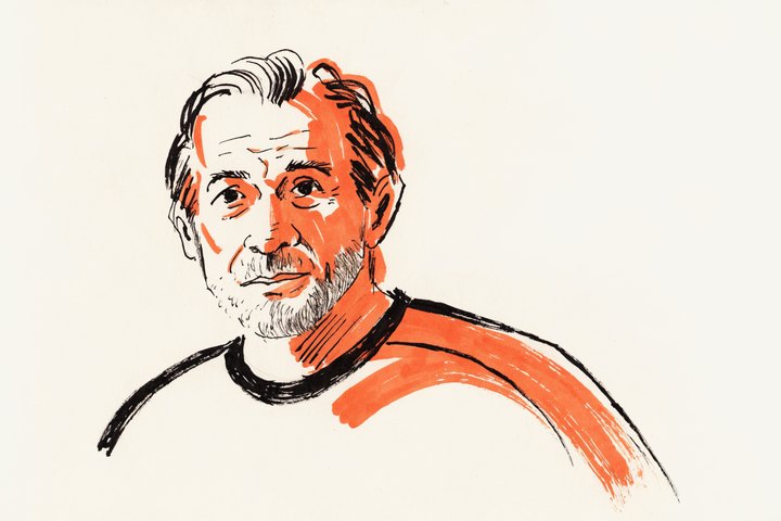 Hand-drawn orange and black ink portrait of L. Marchetti