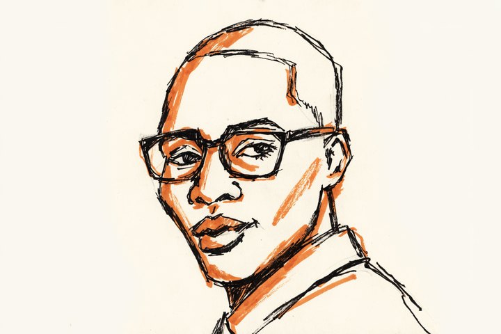 Hand-drawn orange and black ink portrait of R. Okafor