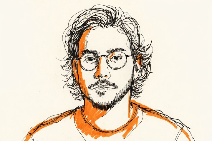 Hand-drawn orange and black ink portrait of J. Torres